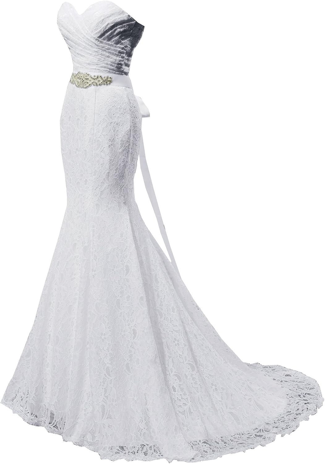 Robe de mariée A en dentelle avec décolleté en V et fleur en blush – Image 4